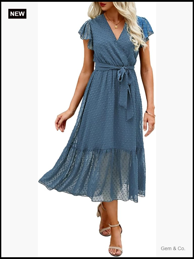 Women's Bohemian Floral Wrap V Neck Ruffle Cap Sleeveless Belt A-Line Pleated